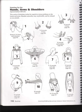 Stretchesfor the
Hands, Arms & Shoulders
Approxi mately 4 Minutes
This series of stretches works for repetitive stress problems in the
hands and arms. Breathe naturally, stay comfortable, and be relaxed
as you stretch.
 2 ll ' /'-...,,
6 qw
5-6 seconds
2 times
(page 88)
Rotate8-10 times
eachdirection
(page88)
5-6 seconds
2 times
(page28)
fhn
-#r#d#--r.-:"SiUZ--ii, ---.*.--1..F:
4 x1p10seconds W
each position
(page 88)
 3 /(
;#@lil 1::t tij
10 seconds
2 times
(page88)
15 seconds
each arm
(page43)
15seconfu
ipage-16
3-5 seconds
3 times
(page46)
15 seconds
each arm
rpage47)
110 Routines
5-10 seconds
each side
(page92)
20 seconds
(page45) 10*15 seconds
(page 47)
StretchingO2000by BobandJeanAnderson.ShelterPublications,lnc
 