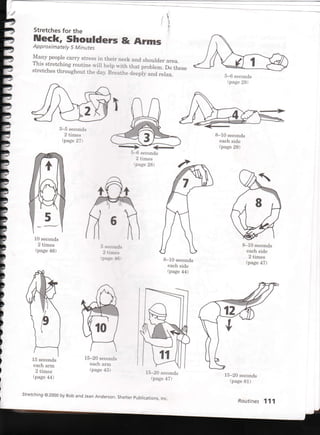 Stretchesfor the
i
l
;' :!
,{,
YTt
peop-lecarry stressin their neckand shoulderarea.This stretchingroutinewilr helpwith that problem.Do thesestretchesthroughoutthe day.Breathedeeplyand relax.
Neck, Shoutders & ArmsApproximately 5 Mi nutes
3-5 seconds
2 times
@age27)
5-6 seconds
(page29)
8-10 seconds
each side
(page 29)
5-6 seconds
2 times
(page28)
10 seconds
2 times
(page46)
15 seconds
each arm
2 times
@age 44)
5 seconds
2 times
(page46)
15-20 seconds
each arm
(page48)
8-10 seconds
each side
@age 44)
8-10 seconds
each side
2 times
@age 47)
15-20 seconds
(page81)
Routines111
15-20 seconds
(page 47)
stretching@2000by BobandieanAnderson.5herterpubrications.Inc
 