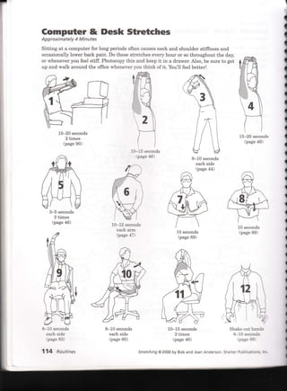Computer & Desk Stretches
App roximately 4 Mi nutes
Sitting at a computer for long periods often causesneck and shoulder stiffness and
occasionallylower back pain. Do these stretches every hour or so throughout the day,
or whenever you feel stiff. Photocopy this and keep it in a drawer. Also, be sure to get
up and walk around the office whenever you think of it. You'll feei better!
10-20seconds
2 times
(page90)
1G-15 seconds
Ipage46)
8-10 seconds
each side
(page 44)
3-5 seconds
3 times
(page46)
10-12 seconds
each arm
(page 47)
(
I
I
{
I
I
{
(
I
{
I
(
I
(
I
(
&-10 seconds
each side
rpage83)
114 Routines
8-10 seconds
eachside
(page60)
10 seconds
(page89)
10-15 seconds
2 times
(page46)
Stretching@2000by BobandJeanAnderson
15-20 seconds
(page46)
10 seconds
(page 89)
Shake out hands
8-10 seconds
(page89,
ShelterPubl;catlons".l
 
