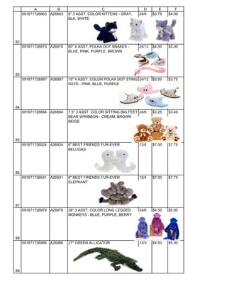 A         B                      C                     D        E       F
     091671726863 A26863   9" 3 ASST. COLOR KITTENS - GRAY,    24/6    $3.75   $4.00
                           BLK, WHITE




82
     091671726870 A26870   60" 4 ASST. POLKA DOT SNAKES -      24/12   $4.50   $5.00
                           BLUE, PINK, PURPLE, BROWN




83
     091671726887 A26887   15" 4 ASST. COLOR POLKA DOT STING 24/12     $3.50   $3.75
                           RAYS - PINK, BLUE, PURPLE, BROWN




84
     091671726894 A26894   7.5" 3 ASST. COLOR SITTING BIG FEET 24/6    $3.25   $3.40
                           BEAR W/RIBBON - CREAM, BROWN,
                           BEIGE




85
     091671726924 A26924   8" BEST FRIENDS FUR-EVER            12/4    $7.00   $7.75
                           BELUGAS




86
     091671726931 A26931   8" BEST FRIENDS FUR-EVER            12/4    $7.00   $7.75
                           ELEPHANT




87
     091671726979 A26979   28" 3 ASST. COLOR LONG LEGGED       24/6    $4.50   $5.00
                           MONKEYS - BLUE, PURPLE, BERRY




88
     091671726986 A26986   27" GREEN ALLIGATOR                 12/3    $4.50   $5.00




89
 