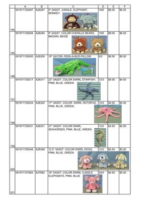 A         B                      C                    D       E       F
      091671728287 A28287   8" 2ASST. JUNGLE, ELEPHANT,        18/6   $6.00   $6.50
                            MONKEY




194
      091671728294 A28294   8" 2ASST. COLOR CHENILLE BEARS,    18/6   $6.00   $6.50
                            BROWN, BEIGE




195
      091671728300 A28300   18" GATOR- PEEK-A-BOO PILLOW       6/2    $8.50   $9.50




196
      091671728317 A28317   23" 3ASST. COLOR SWIRL STARFISH,   12/3   $4.00   $4.50
                            PINK, BLUE, GREEN




197
      091671728324 A28324   17" 3ASST. COLOR SWIRL OCTOPUS, 12/3      $4.50   $5.00
                            PINK, BLUE, GREEN,




198
      091671728331 A28331   21" 3ASST. COLOR SWIRL             12/3   $4.50   $5.00
                            SEAHORSES, PINK, BLUE, GREEN




199
      091671728348 A28348   12.5" 3ASST. COLOR SWIRL DOGS,     12/3   $4.50   $5.00
                            PINK, BLUE, GREEN




200
      091671727662 A27662   18" 2ASST. COLOR SWIRL CUDDLE      24/4   $4.50   $5.00
                            ELEPHANTS, PINK, BLUE




201
 