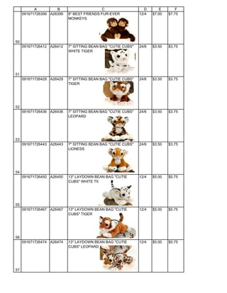 A         B                     C                     D       E       F
     091671726399 A26399   8" BEST FRIENDS FUR-EVER           12/4   $7.00   $7.75
                           MONKEYS




50
     091671726412 A26412   7" SITTING BEAN BAG "CUTIE CUBS"   24/6   $3.50   $3.75
                           WHITE TIGER




51
     091671726429 A26429   7" SITTING BEAN BAG "CUTIE CUBS"   24/6   $3.50   $3.75
                           TIGER




52
     091671726436 A26436   7" SITTING BEAN BAG "CUTIE CUBS"   24/6   $3.50   $3.75
                           LEOPARD




53
     091671726443 A26443   7" SITTING BEAN BAG "CUTIE CUBS"   24/6   $3.50   $3.75
                           LIONESS




54
     091671726450 A26450   13" LAYDOWN BEAN BAG "CUTIE        12/4   $5.00   $5.75
                           CUBS" WHITE TIGER




55
     091671726467 A26467   13" LAYDOWN BEAN BAG "CUTIE        12/4   $5.00   $5.75
                           CUBS" TIGER




56
     091671726474 A26474   13" LAYDOWN BEAN BAG "CUTIE        12/4   $5.00   $5.75
                           CUBS" LEOPARD




57
 