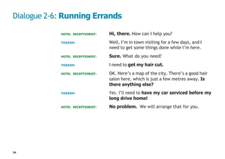 34
Dialogue 2-6: Running Errands
HOTEL RECEPTIONIST: Hi, there. How can I help you?
YOGESH: Well, I’m in town visiting for a few days, and I
need to get some things done while I’m here.
HOTEL RECEPTIONIST: Sure. What do you need?
YOGESH: I need to get my hair cut.
HOTEL RECEPTIONIST: OK. Here’s a map of the city. There’s a good hair
salon here, which is just a few metres away. Is
there anything else?
YOGESH: Yes. I’ll need to have my car serviced before my
long drive home!
HOTEL RECEPTIONIST: No problem. We will arrange that for you.
 