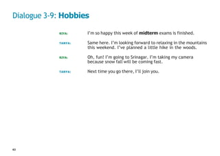 62
Dialogue 3-9: Hobbies
RIYA: I’m so happy this week of midterm exams is finished.
TANYA: Same here. I’m looking forward to relaxing in the mountains
this weekend. I’ve planned a little hike in the woods.
RIYA: Oh, fun! I’m going to Srinagar. I’m taking my camera
because snow fall will be coming fast.
TANYA: Next time you go there, I’ll join you.
 