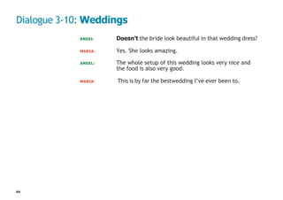 64
Dialogue 3-10: Weddings
ANGEl: Doesn’t the bride look beautiful in that wedding dress?
MARIA: Yes. She looks amazing.
ANGEL: The whole setup of this wedding looks very nice and
the food is also very good.
MARIA: This is by far the bestwedding I’ve ever been to.
 