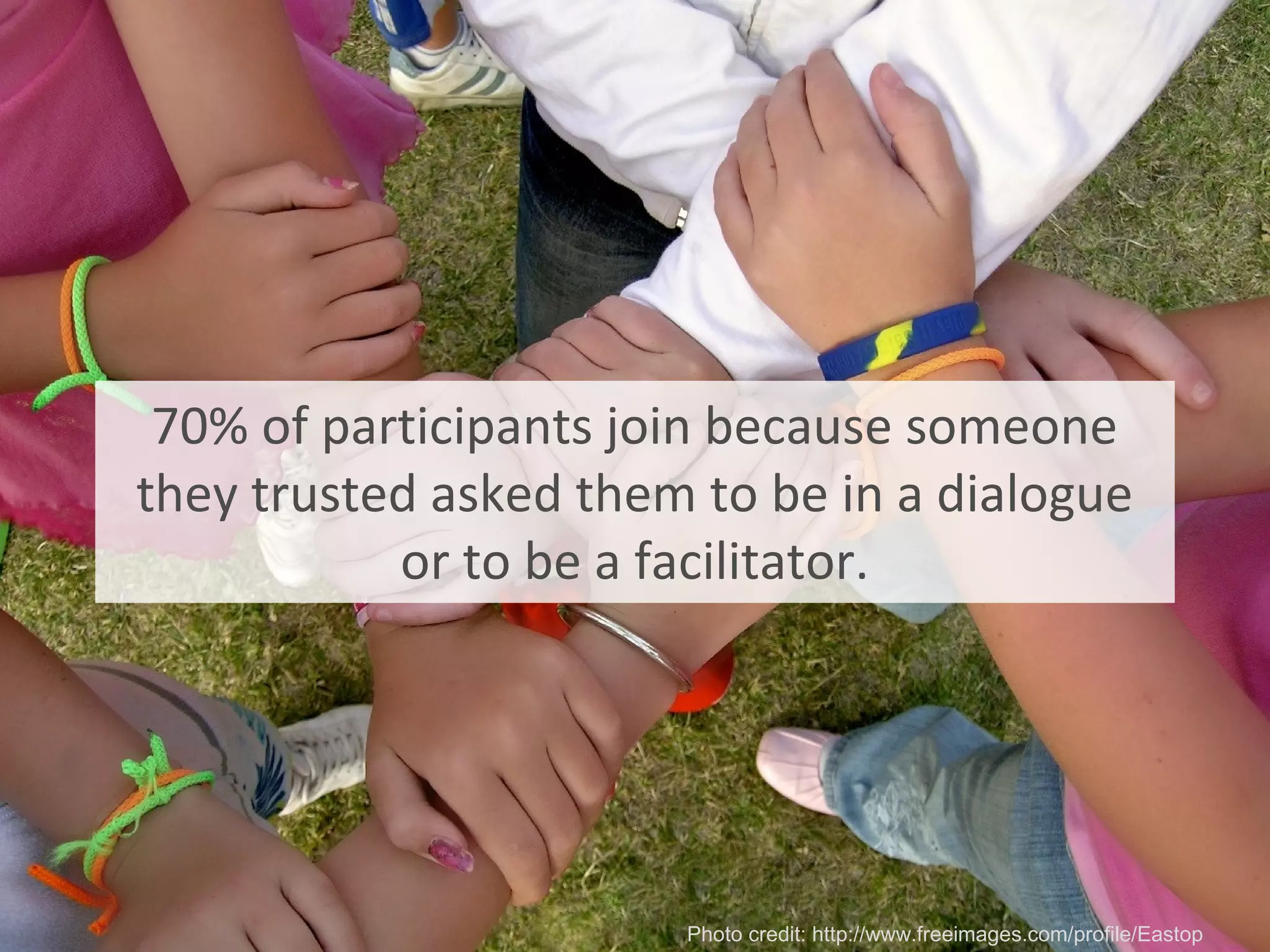 70% of participants join because someone
they trusted asked them to be in a dialogue
or to be a facilitator.
Photo credit: http://www.freeimages.com/profile/Eastop
 