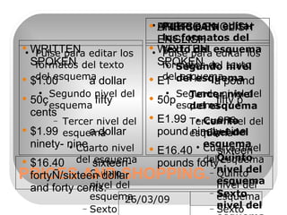 PRICES AND SHOPPING. AMERICAN ENGLISH BRITISH ENGLISH WRITTEN  SPOKEN $1.00  a dollar 50ç  fifty cents $1.99  a dollar ninety- nine $16.40  sixteen- fortyÑ/sixteen dollar and forty cents. WRITTEN  SPOKEN E1  a pound 50p  fifty p E1.99  one pound ninety-nine E16.40  sixteen pounds forty  