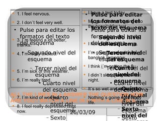ALL THE LINES IN a ANSWER THE QUESTION HOW ARE YOU? MATCH A LINE IN a WITH A LINE IN b. 1. I feel nervous. 2. I don´t feel very well. 3. I´m feeling a lot better, thanks. 4. I´m really excited. 5. I´m sick of this weather. 6. I´m really tired. 7. I´m kind of worried. 8. I feel really depressed ringt now. I have a test today. My grandfather´s going into the hospital for test. I have a lot more energy. I´m going on vacation to bangkok tomorrow. I think i´m getting the flu. I didn´t sleep very well last night. It´s so wet and miserable. Nothing´s going right in my life. 