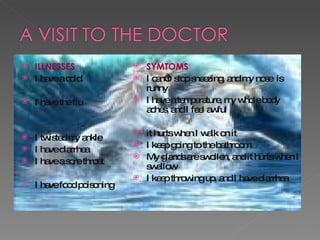 ILLNESSES I have a cold. I have the flu  I twisted my ankle I have diarrhea I have a sore throat I have food poisoning SYMTOMS I can’t  stop sneezing, and my nose  is runny I have a temperature, my whole body aches, and I feel awful it hurts when I walk on it I keep going to the bathroom My glands are swollen, and it hurts when I swallow I keep throwing up, and I have diarrhea 