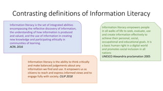 Contrasting definitions of Information Literacy
Information literacy empowers people
in all walks of life to seek, evaluat...