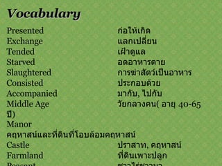 Vocabulary Presented  ก่อให้เกิด Exchange   แลกเปลี่ยน Tended  เฝ้าดูแล Starved  อดอาหารตาย Slaughtered  การฆ่าสัตว์เป็นอาหาร Consisted  ประกอบด้วย Accompanied  มากับ ,  ไปกับ Middle Age  วัยกลางคน (   อายุ  40-65  ปี ) Manor  คฤหาสน์และที่ดินที่โอบล้อมคฤหาสน์ Castle  ปราสาท ,  คฤหาสน์ Farmland  ที่ดินเพาะปลูก Peasant  ชาวไร่ชาวนา Tax  ภาษี 
