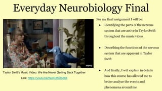 Everyday Neurobiology Final
Taylor Swift's Music Video: We Are Never Getting Back Together
Link: https://youtu.be/WA4iX5D9Z64
For my final assignment I will be:
● Identifying the parts of the nervous
system that are active in Taylor Swift
throughout the music video
● Describing the functions of the nervous
system that are apparent in Taylor
Swift
● And finally, I will explain in details
how this course has allowed me to
better analyze the events and
phenomena around me
 