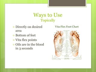 Ways to Use
Topically
 Directly on desired
area
 Bottom of feet
 Vita flex points
 Oils are in the blood
in 3 seconds
 