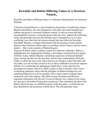Kowalski and Dubois Differing Values in A Streetcar
Named...
Kowalski and Dubois Differing Values in A Streetcar Named Desire by Tennessee
Williams
A Streetcar Named Desire is a play founded on the premise of conflicting cultures.
Blanche and Stanley, the main antagonists of the play, have been brought up to
harbour and preserve extremely disparate notions, to such an extent that their
incompatibility becomes a recurring theme within the story. Indeed, their differing
values and principles becomes the ultimate cause of antagonism, as it is their
conflicting views that fuels the tension already brewing within the Kowalski
household. Blanche, a woman disillusioned with the passing of youth and the
dejection that loneliness inflicts upon its unwilling victims, breezes into her sister s
modest ... Show more content on Helpwriting.net ...
Tennesse Williams utilises setting to expose his characters. Blanche s fallacy is
highlighted by her inappropriate clothing, a discordance reinforced by the squalor
of Stella s home. Indeed, Blanche s immediate expression of shocked disbelief
when viewing the place for the first time, and her later condemnation of Elysian
Fields, in which she says to her sister what are you doing in a place like this? and
why didn t you tell me that you had to live in these conditions? reveals her superior
attitude. It is evident that her upbringing in Belle Reve is the culprit for her
presumptuous manner. However, Stella s polite civility in the face of her sister s
overbearing supremacy shows that the principles of Dubois heritage have not
manifested themselves in all its members. She is meek, almost resigned when
confronted with such rudeness. She offers to pour the drinks and discloses
important information with the line You never did give me a chance to say much.
So I just got in the habit of being quiet around you. This contradicts the idea of the
Dubois family having very different notions to the Kowalski s, as Stella has not
been absorbed by the pretension of Belle Reve. The old fashioned values
 