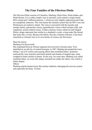 The Four Families of the Filovirus Ebola
The filovirus Ebola consists of 4 families: Marburg, Ebola Zaire, Ebola Sudan, and
Ebola Reston. It is a rather simple virus in structure; each contain a single strand
RNA strand and 7 different proteins, 3 which are only slightly understood and 4 that
are completely unknown. The virus harms the immune system like the HIV virus, but
Ebolacauses an explosive attack. The virus is associated with the measles and
mumps family, pneumonia viruses, parainfluenza viruses which include colds, and
respiratory system related viruses. Unlike common viruses which are ball shaped,
Ebola s shape represents that similar to a shepherd s crook, a long snake like thread
that looks like a worm. Because the Ebola virus has a distinct structure, it has been
classified as a thread virus in its own family of viruses, the filoviruses.
Meet the sisters:
Marburg (1st discovered)
She originated from an African organism but received a German name. First
identified in an old city of central Germany in 1967, Marburg devastated the town,
killing 1 out of 4 victims and causing effects that resembled rabies. Scientists
analyzed the virus structure and found strands and strands of tangled rope, some
wrapped in looks similar to donuts. In this way, for some time, Marburg was called
stretched rabies, its worm like shapes stretched out unlike the rabies virus which is
bullet shaped.
Effects
Marburg attacks human tissue like nuclear radiation, damaging the nervous system
and especially the brain. Victims
 