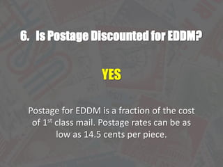 6. Is Postage Discounted for EDDM?
YES
Postage for EDDM is a fraction of the cost
of 1st class mail. Postage rates can be as
low as 14.5 cents per piece.
 