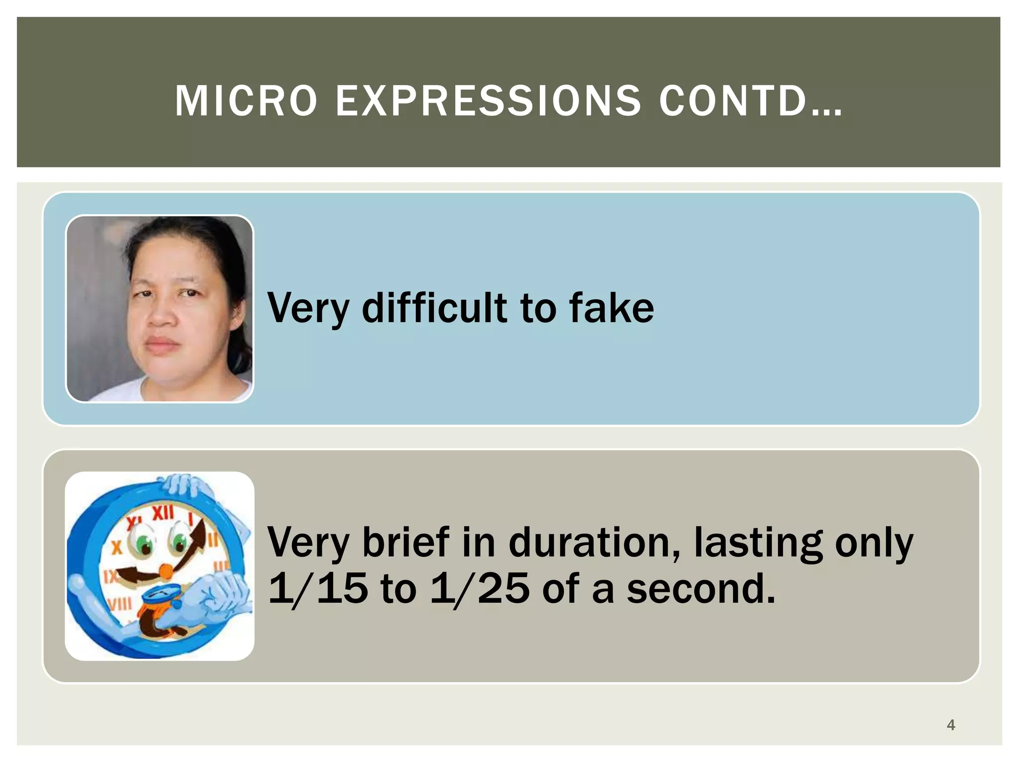MICRO EXPRESSIONS CONTD…

Very difficult to fake

Very brief in duration, lasting only
1/15 to 1/25 of a second.
4

 