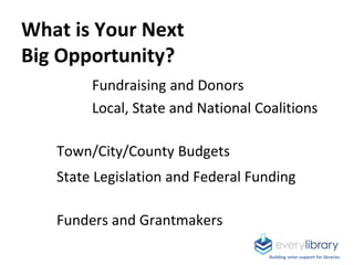 Building voter support for libraries
What is Your Next
Big Opportunity?
Fundraising and Donors
Local, State and National C...