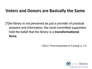 Voters and Donors are Basically the Same
[T]he library is not perceived as just a provider of practical
answers and inform...