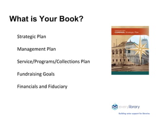 What is Your Book?
Strategic Plan
Management Plan
Service/Programs/Collections Plan
Fundraising Goals
Financials and Fiduc...