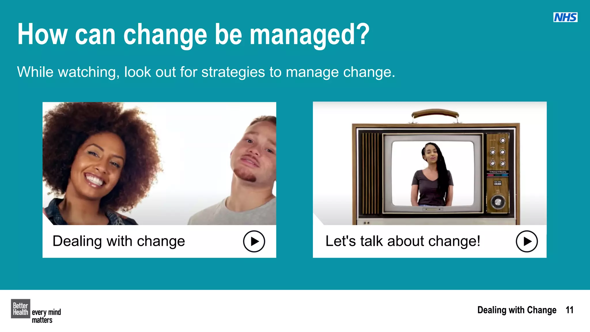 Dealing with Change 11
Dealing with Change 11
How can change be managed?
While watching, look out for strategies to manage change.
Dealing with change Let's talk about change!
 
