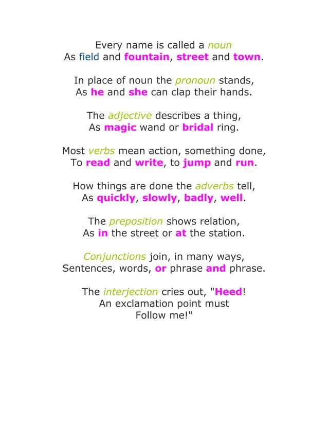 Every part of speech explained in a poem PDF