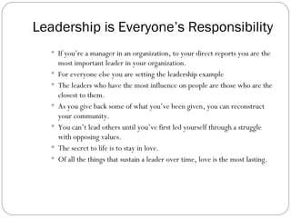 Leadership is Everyone’s Responsibility <ul><ul><ul><li>If you’re a manager in an organization, to your direct reports you...