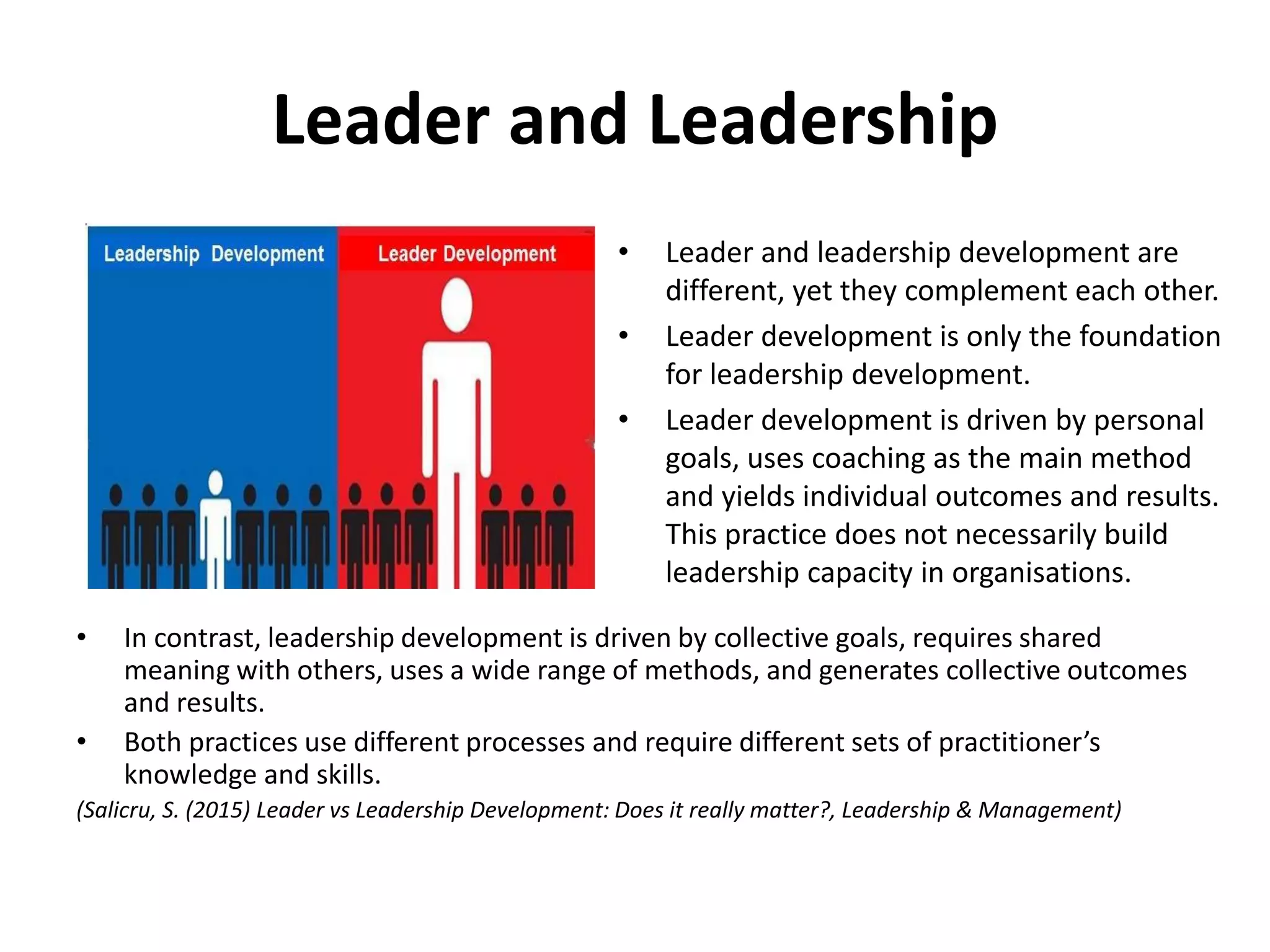 • In contrast, leadership development is driven by collective goals, requires shared
meaning with others, uses a wide range of methods, and generates collective outcomes
and results.
• Both practices use different processes and require different sets of practitioner’s
knowledge and skills.
(Salicru, S. (2015) Leader vs Leadership Development: Does it really matter?, Leadership & Management)
Leader and Leadership
• Leader and leadership development are
different, yet they complement each other.
• Leader development is only the foundation
for leadership development.
• Leader development is driven by personal
goals, uses coaching as the main method
and yields individual outcomes and results.
This practice does not necessarily build
leadership capacity in organisations.
 