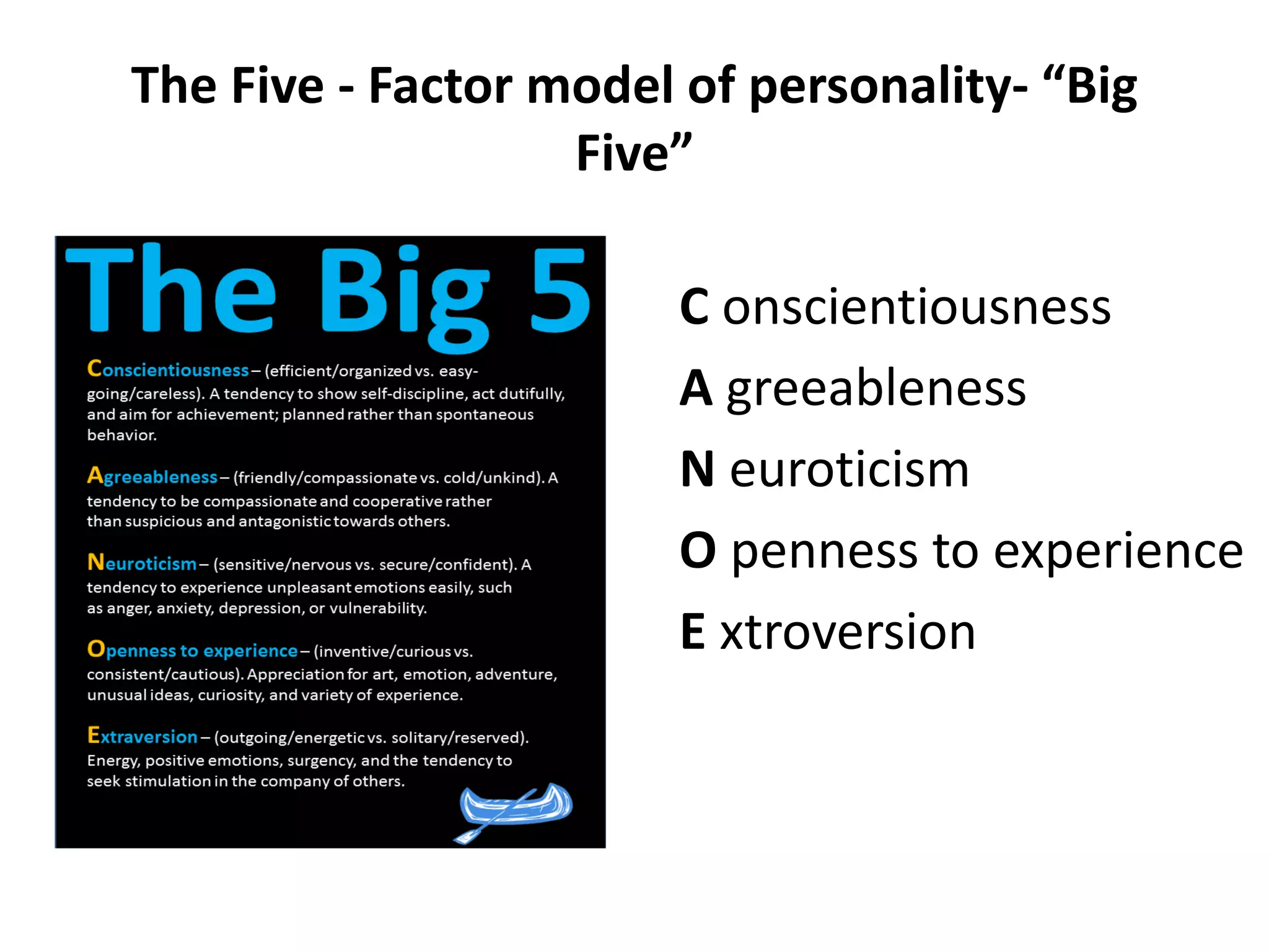 The Five - Factor model of personality- “Big
Five”
C onscientiousness
A greeableness
N euroticism
O penness to experience
E xtroversion
 