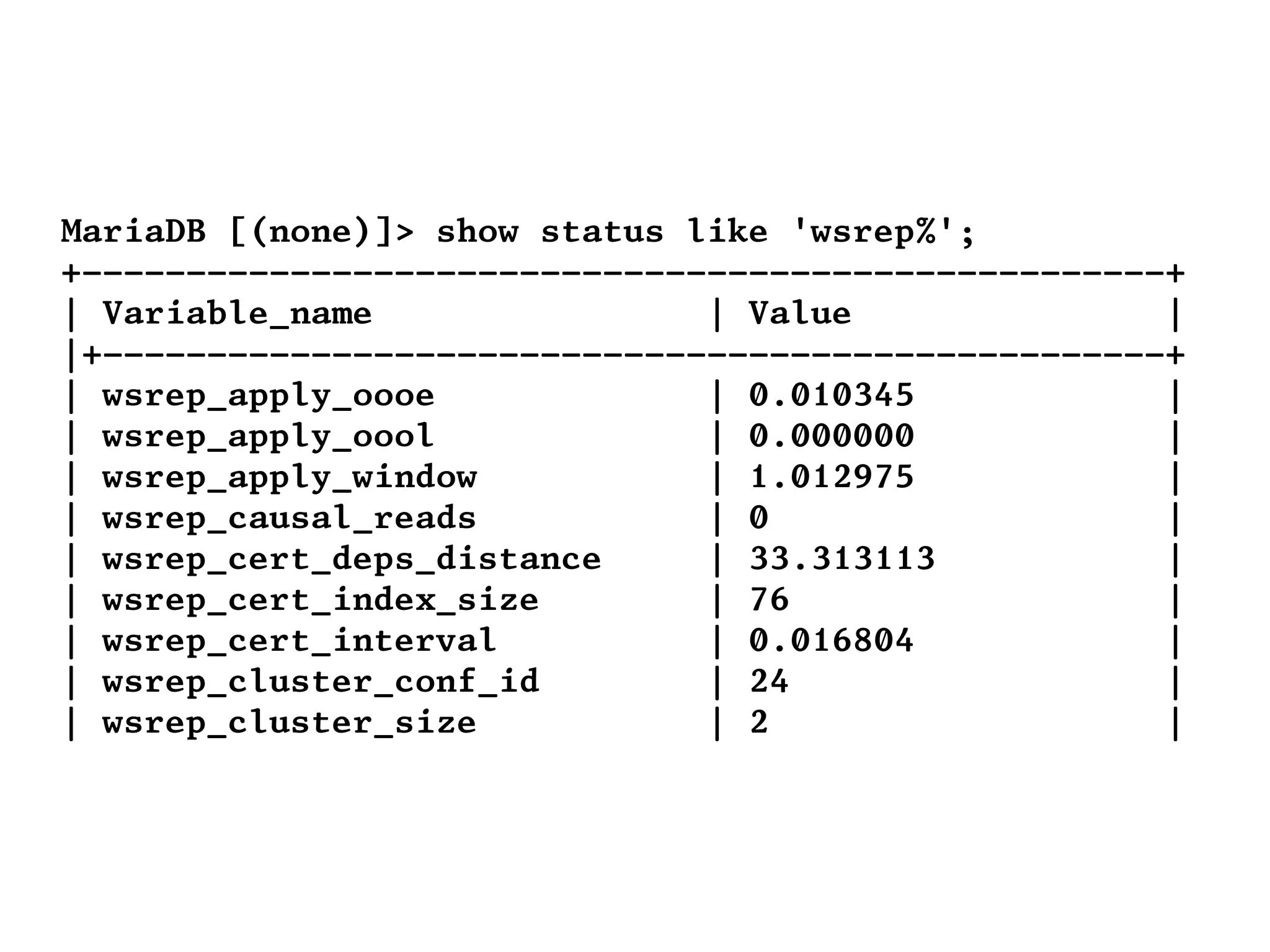 MariaDB [(none)]> show status like 'wsrep%';
+----------------------------------------------------+
| Variable_name | Value |
|+---------------------------------------------------+
| wsrep_apply_oooe | 0.010345 |
| wsrep_apply_oool | 0.000000 |
| wsrep_apply_window | 1.012975 |
| wsrep_causal_reads | 0 |
| wsrep_cert_deps_distance | 33.313113 |
| wsrep_cert_index_size | 76 |
| wsrep_cert_interval | 0.016804 |
| wsrep_cluster_conf_id | 24 |
| wsrep_cluster_size | 2 |
 
