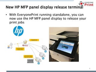 New HP MFP panel display release terminal
6
• With EveryonePrint running standalone, you can
now use the HP MFP panel display to release your
print jobs
 