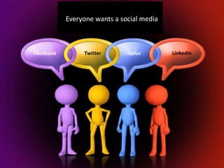 Everyone wants a social media



Facebook        Twitter       Gplus        Linkedin
 