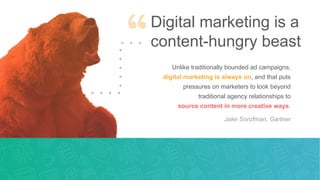 Digital marketing is a
content-hungry beast
Unlike traditionally bounded ad campaigns,
digital marketing is always on, and...