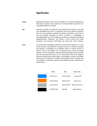 Significados


laranja   Aspectos favoráveis: assim como o vermelho, a cor laranja é expansiva e
          afirmativa; contudo é mais construtiva. O laranja reflete entusiasmo com
          vivacidade impulsiva e natural.

azul      assinala a entrada nos domínios mais profundos do espírito e uma das
          suas qualidades mais sutis é a aspiração. Essa cor faz parte do espectro
          frio e, por sua quietude e confiança, promove a devoção e a fé. O azul é
          uma cor popular associada ao dever, à beleza e à habilidade. A
          serenidade dessa coe traz consigo paz, confiança e sentimentos curativos
          agradavelmente relaxantes. Sua fluidez e força serena são traços
          atraentes, que provocam admiração por parte das outras pessoas.

preto     na maioria das sociedades ocidentais, o preto quase sempre é a cor da
          morte, do luto e da penitência. Em geral, essa cor é usada por pessoas
          que rejeitam a sociedade ou se rebelam contra as normas sociais. O
          preto é uma cor que nega a luz e as pessoas que a usam nas roupas
          rejeitam a luz em si próprias, empurrando-a para longe e não permitindo
          que ela seja absorvida. Essa é a cor usada pelos homens de negócio,
          policiais e padres para refletir poder e autoridade. O preto é percebido
          como escuro e misterioso e também pode significar sexo. Contudo, essa
          cor também é usada pelas pessoas que preferem parecer tradicionais e
          responsáveis.
 