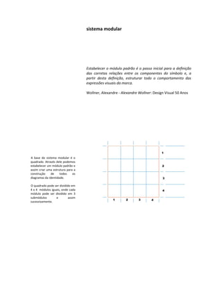 sistema modular




                                   Estabelecer o módulo padrão é o passo inicial para a deﬁnição
                                   das corretas relações entre os componentes do símbolo e, a
                                   partir desta deﬁnição, estruturar todo o comportamento das
                                   expressões visuais da marca.

                                   Wollner, Alexandre - Alexandre Wollner: Design Visual 50 Anos




A base do sistema modular é o
quadrado. Através dele podemos
estabelecer um módulo padrão e
assim criar uma estrutura para a
construção     de    todos    os
diagramas da identidade.

O quadrado pode ser dividido em
4 x 4 módulos iguais, onde cada
módulo pode ser dividido em 3
submódulos       e         assim
sucessivamente.
 