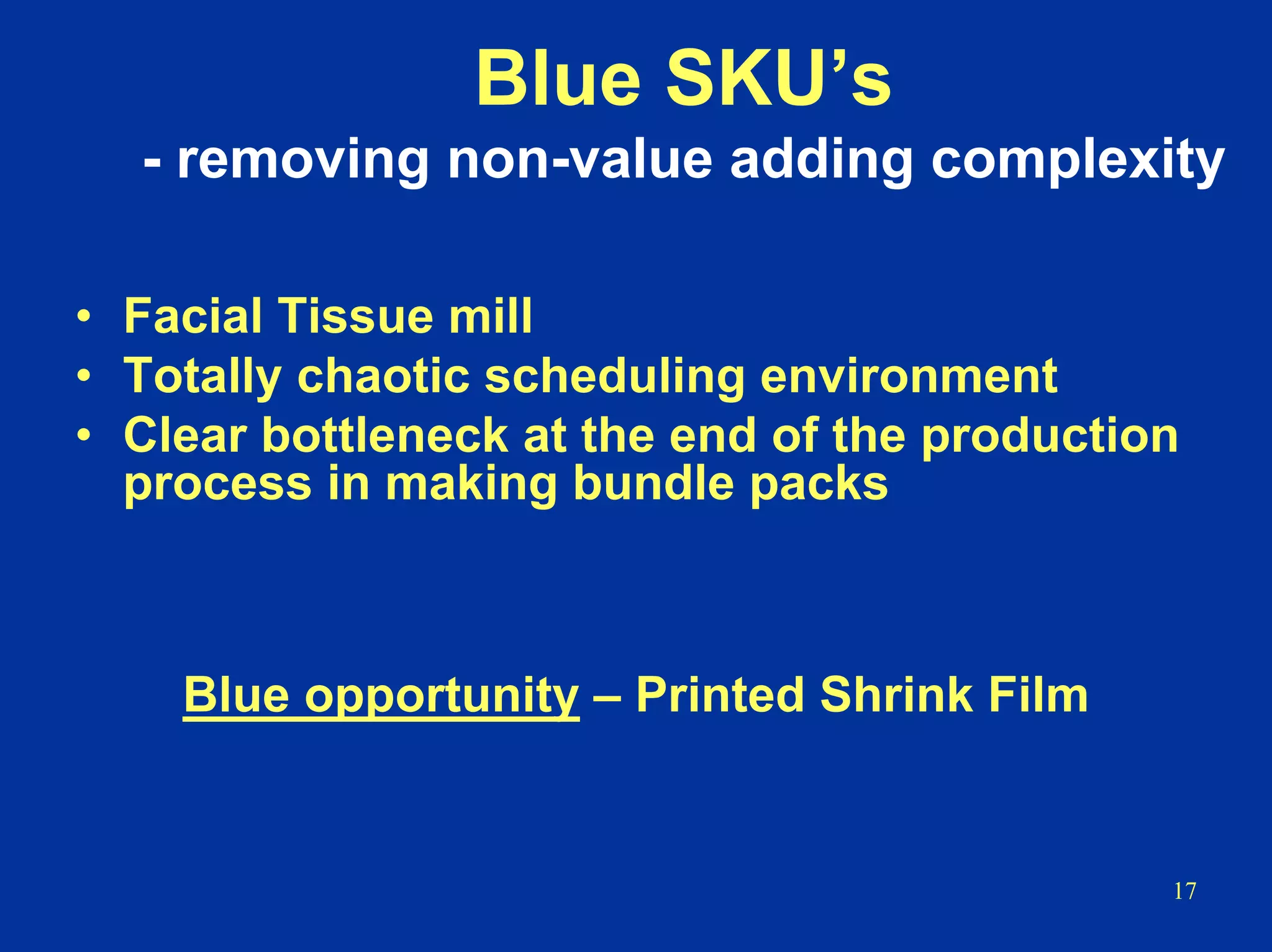 17
Blue SKU’s
- removing non-value adding complexity
• Facial Tissue mill
• Totally chaotic scheduling environment
• Clear bottleneck at the end of the production
process in making bundle packs
Blue opportunity – Printed Shrink Film
 