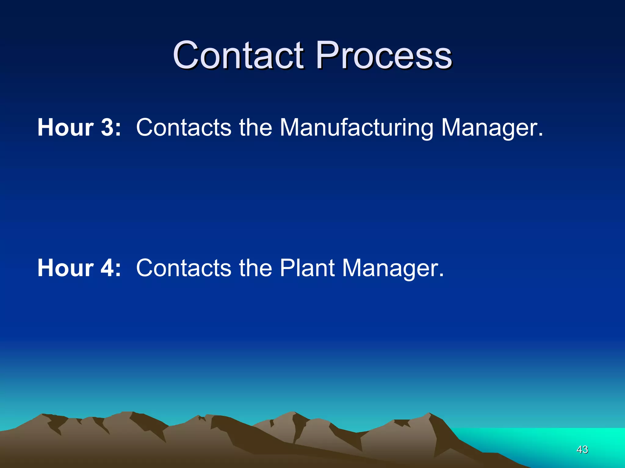 4343
Contact ProcessContact Process
Hour 3: Contacts the Manufacturing Manager.
Hour 4: Contacts the Plant Manager.
 