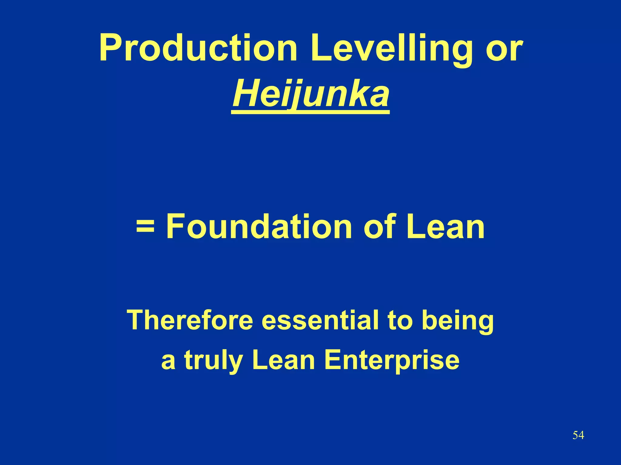54
Production Levelling or
Heijunka
= Foundation of Lean
Therefore essential to being
a truly Lean Enterprise
 