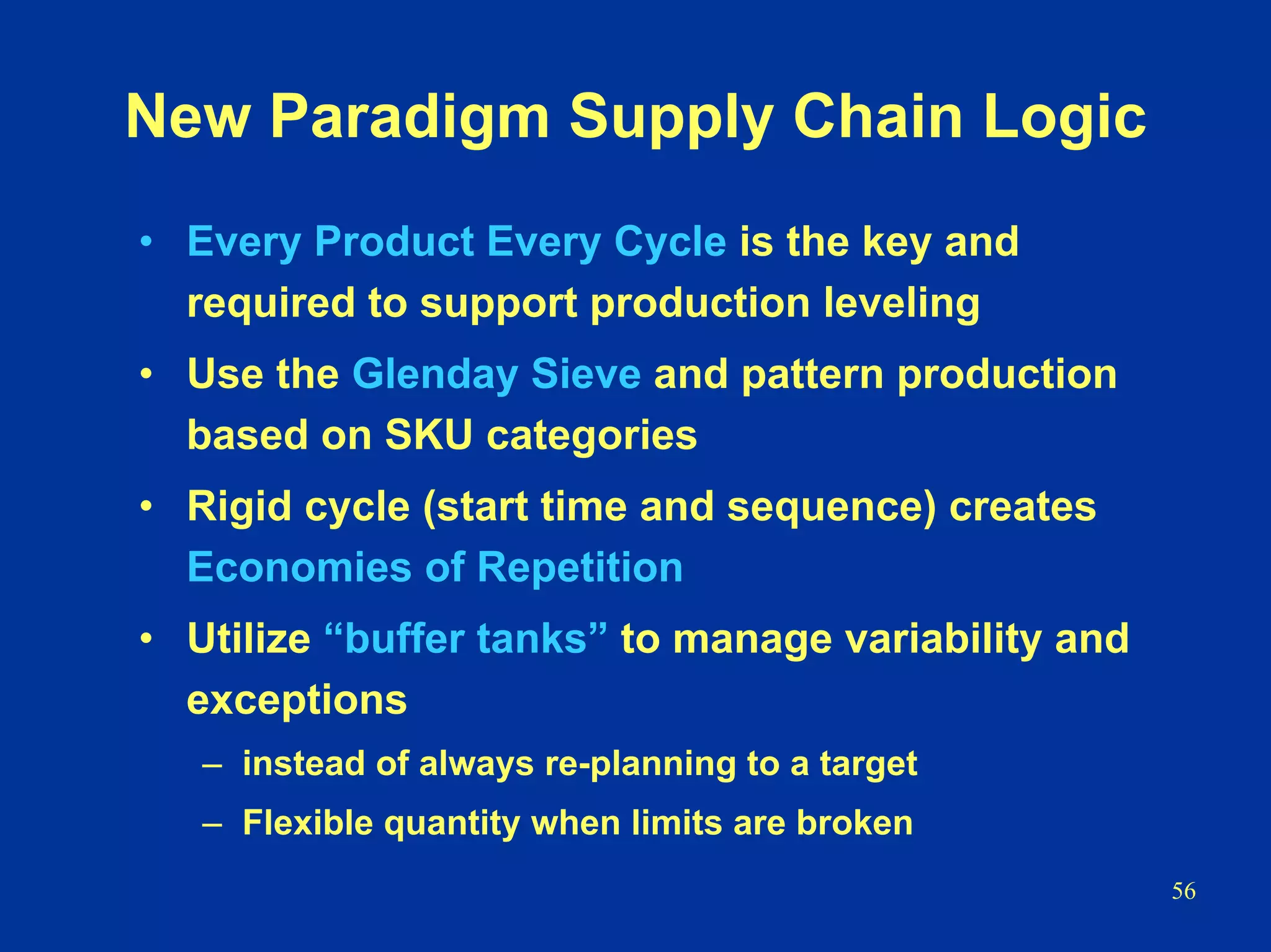 56
New Paradigm Supply Chain Logic
• Every Product Every Cycle is the key and
required to support production leveling
• Use the Glenday Sieve and pattern production
based on SKU categories
• Rigid cycle (start time and sequence) creates
Economies of Repetition
• Utilize “buffer tanks” to manage variability and
exceptions
– instead of always re-planning to a target
– Flexible quantity when limits are broken
 