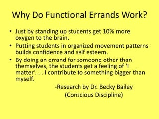 Why Do Functional Errands Work?
• Just by standing up students get 10% more
oxygen to the brain.
• Putting students in organized movement patterns
builds confidence and self esteem.
• By doing an errand for someone other than
themselves, the students get a feeling of ‘I
matter’. . . I contribute to something bigger than
myself.
-Research by Dr. Becky Bailey
(Conscious Discipline)

 