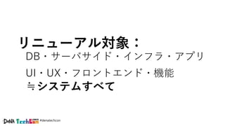 #denatechcon
リニューアル対象：
DB・サーバサイド・インフラ・アプリ
UI・UX・フロントエンド・機能
≒システムすべて
 