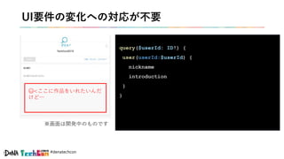 #denatechcon
UI要件の変化への対応が不要
query($userId: ID!) {
user(userId:$userId) {
nickname
introduction
}
}
※画面は開発中のものです
😅<ここに作品をいれたいんだ
けど…
 