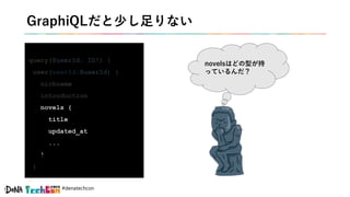 #denatechcon
GraphiQLだと少し足りない
query($userId: ID!) {
user(userId:$userId) {
nickname
introduction
novels {
title
updated_at
...
}
}
}
novelsはどの型が持
っているんだ？
 