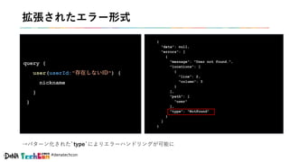 #denatechcon
拡張されたエラー形式
query {
user(userId:"存在しないID") {
nickname
}
}
{
"data": null,
"errors": [
{
"message": "User not found.",
"locations": [
{
"line": 2,
"column": 3
}
],
"path": [
"user"
],
"type": "NotFound"
}
]
}
→パターン化された`type`によりエラーハンドリングが可能に
 