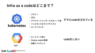 #denatechcon
Infra as a codeはどこまで？
すでにcode化されている
code化しない
GCP
• メモリー
• CPU
• アプリケーションサービスのノード数
• インスタンスのライフサイクル
• ロードバランサ
...