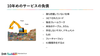 #denatechcon
10年めのサービスの負債
- 誰も把握していない仕様
- コピペされたコード
- 独自フレームワーク
- 未知のテーブル、カラム
- 存在しないテスト、ドキュメント
- SJIS
- フィーチャーフォン
- 4,5種類存在するUI
...
 
