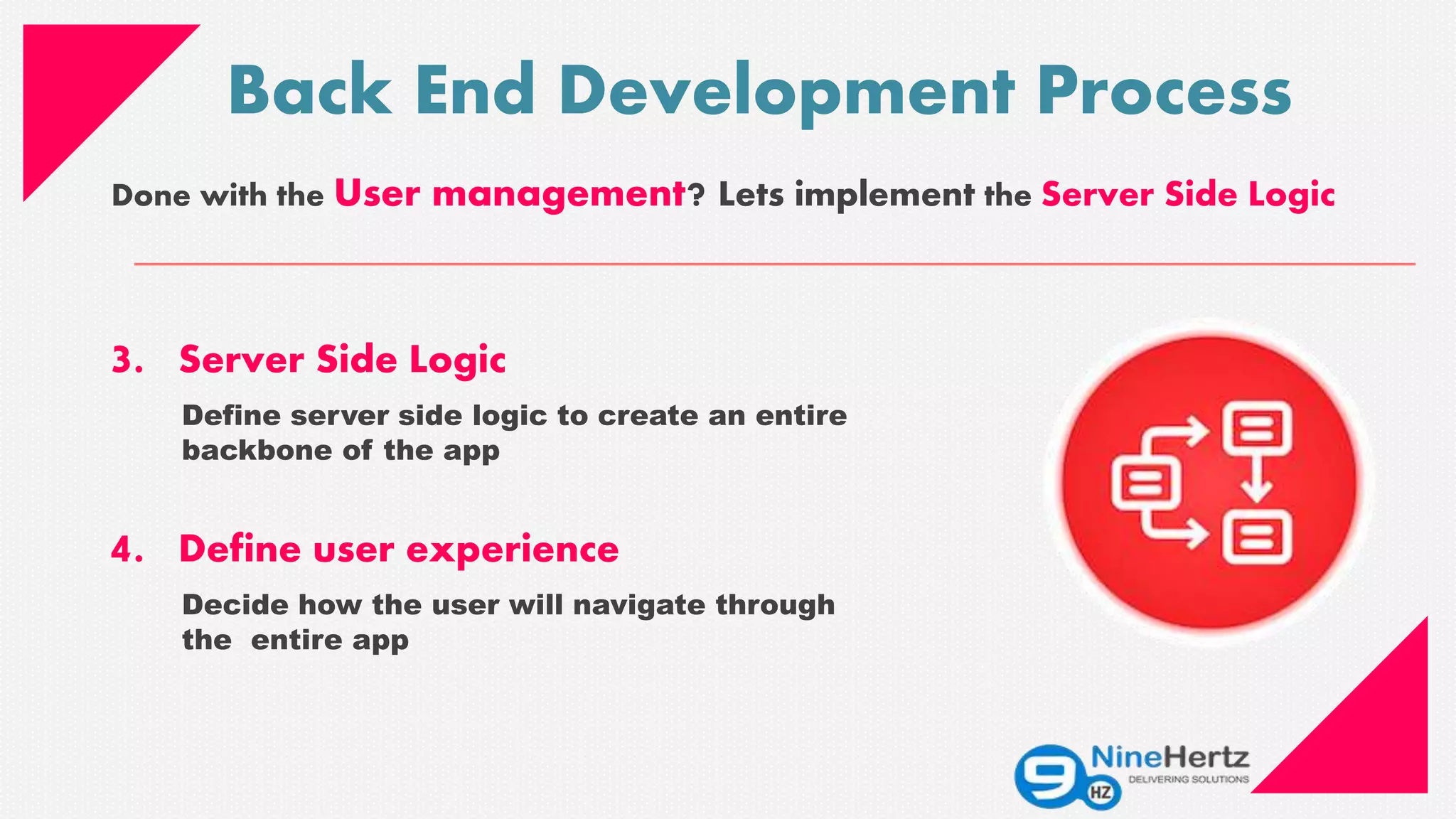 3. Server Side Logic
Define server side logic to create an entire
backbone of the app
4. Define user experience
Decide how the user will navigate through
the entire app
Back End Development Process
Done with the User management? Lets implement the Server Side Logic
 