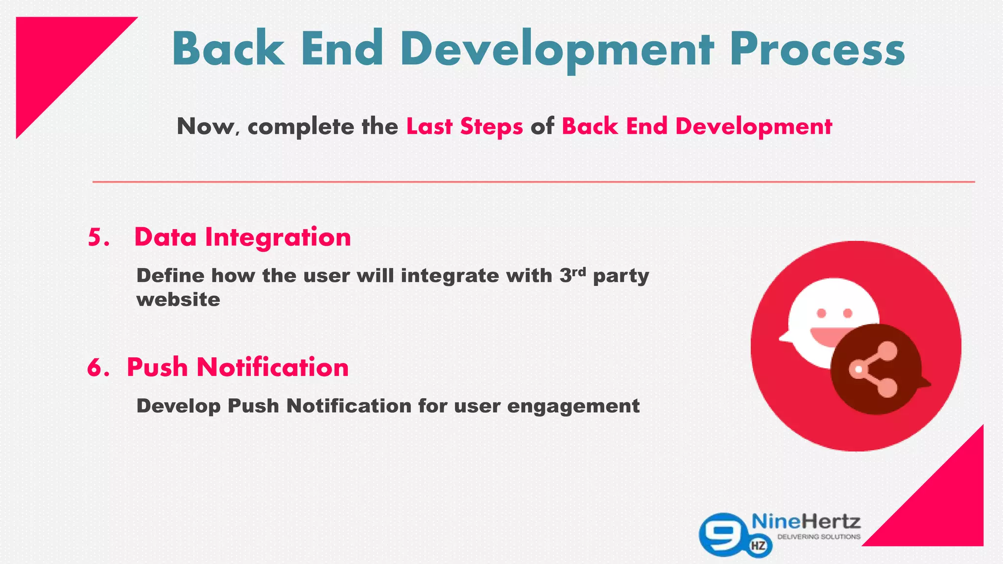 5. Data Integration
Define how the user will integrate with 3rd party
website
6. Push Notification
Develop Push Notification for user engagement
Back End Development Process
Now, complete the Last Steps of Back End Development
 