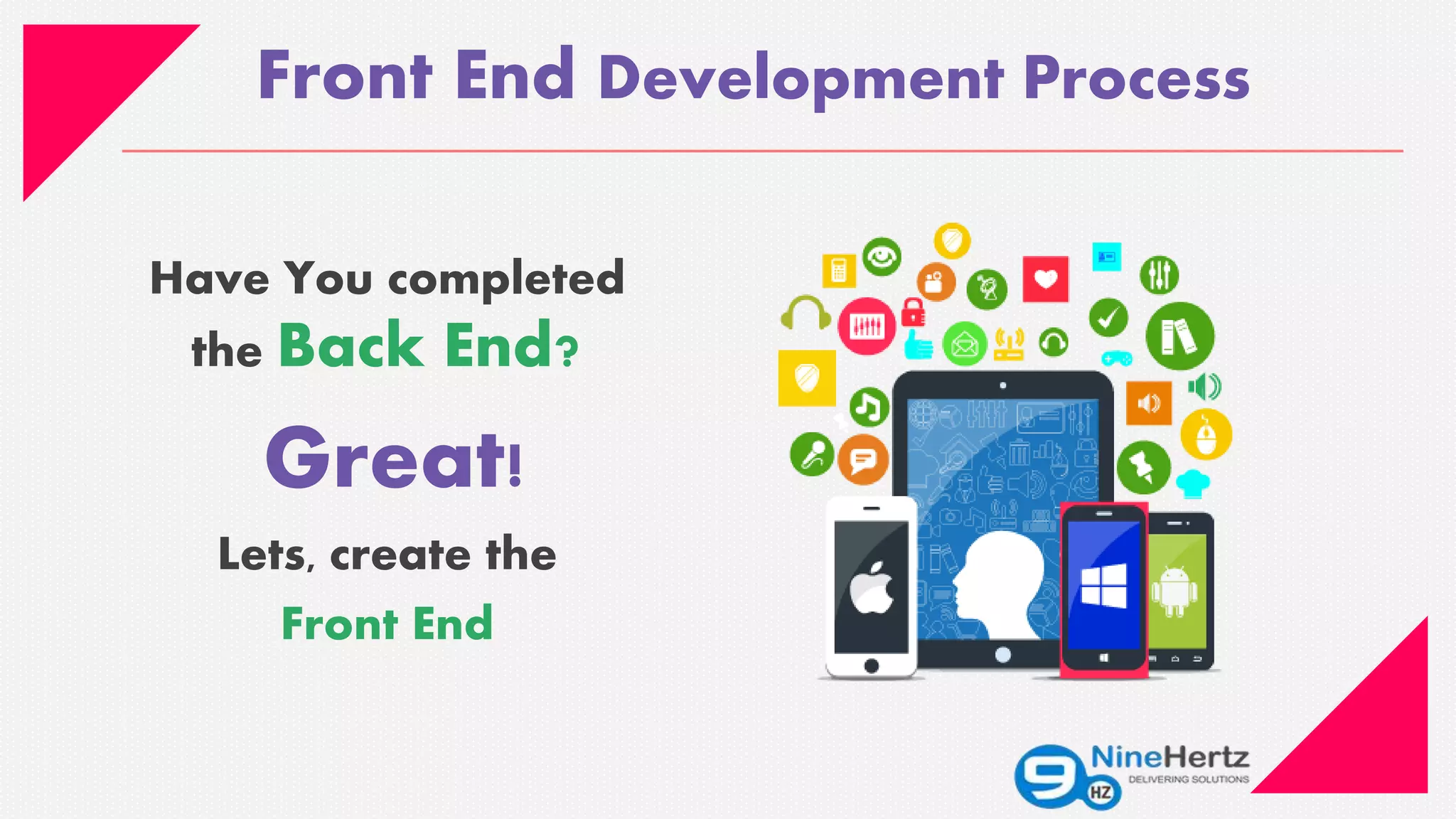 Have You completed
the Back End?
Great!
Lets, create the
Front End
Front End Development Process
 