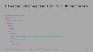 Cluster Orchestration mit Kubernetes
---
apiVersion: extensions/v1beta1
kind: Deployment
metadata:
name: everything-as-code
spec:
replicas: 3
template:
metadata:
labels:
tier: backend
spec:
containers:
- name: everything-as-code
image: "qaware-oss-docker-registry.bintray.io/lreimer/everything-as-code:1.2.1"
ports:
- containerPort: 18080
env:
- name: PORT
value: 18080
// JAX 2017 // Everything-as-code -> { created with ❤ and ☕ by @LeanderReimer @qaware } 38
 